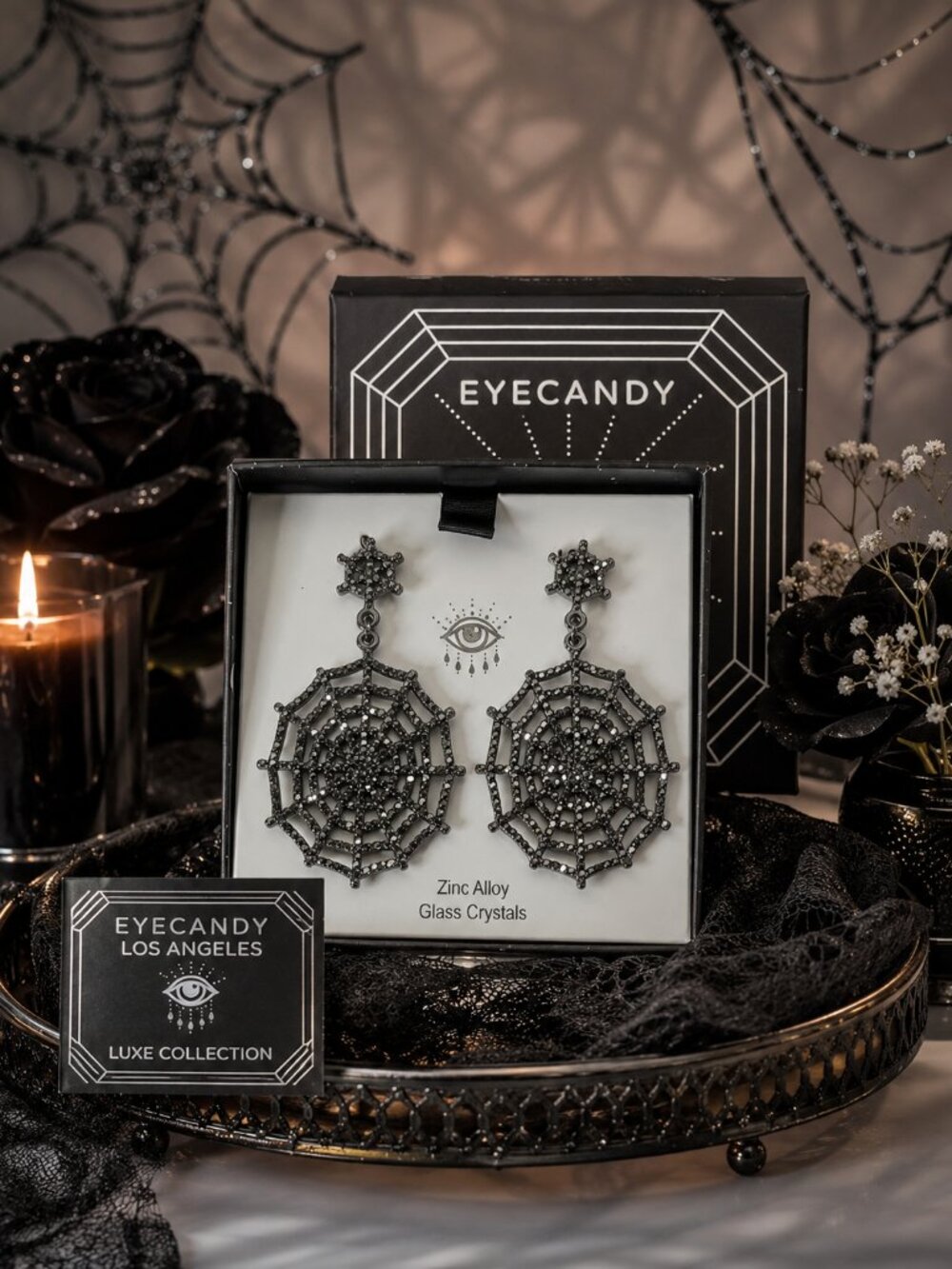 NIB Eye Candy LA Luxe Collection Spider Web Crystal Statement Earrings Pierced - Picture 1 of 4